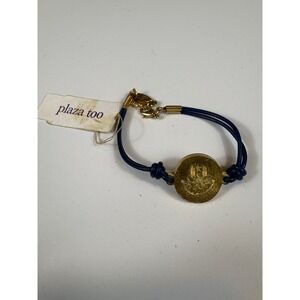 Ettika Smiley Face Blue‎ Cord Bracelet Gold Tone Womens Jewelry